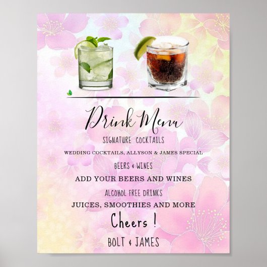 Moderne bruiloft drink menu cocktails illustratie  poster (Voorkant)