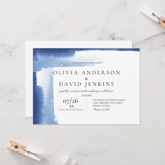 Moderne bruiloft Elegant Blue Ocean Beach bruiloft Kaart (Voorkant / Achterkant in situ)