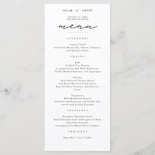 Moderne bruiloft | Elegant zwart-wit Menu (Voorkant)