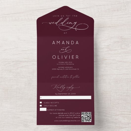 Moderne bruiloft Elegante Chic Calligrafie Bourgog All In One Uitnodiging (Binnen)