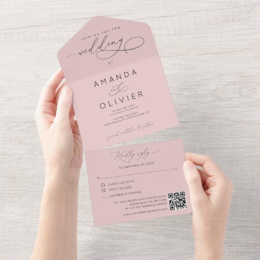 Moderne bruiloft Elegante Chic Calligraphy Blush P All In One Uitnodiging (Afscheurbaar)