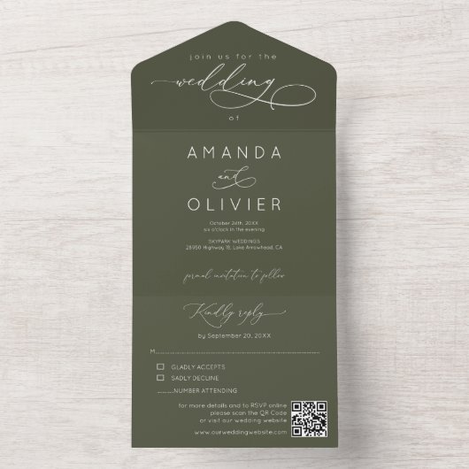 Moderne bruiloft Elegante Chic Calligraphy Donkerg All In One Uitnodiging (Binnen)