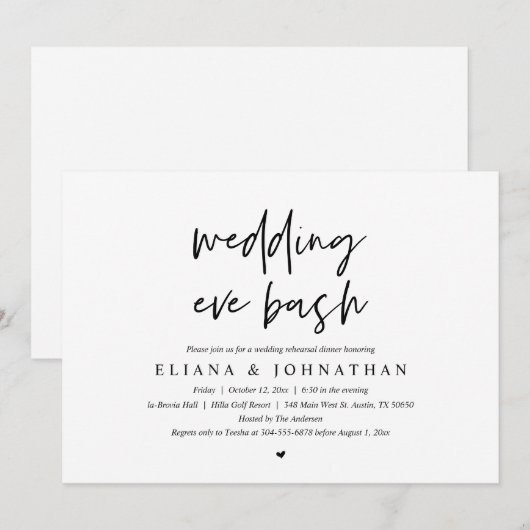 Moderne bruiloft Eve Bash, repetitie diner Kaart (Voorkant / Achterkant)