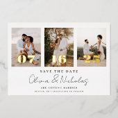 Moderne bruiloft foto collage bewaart de datum folie uitnodiging (Voorkant)