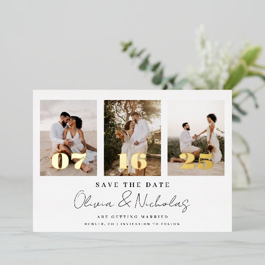 Moderne bruiloft foto collage bewaart de datum folie uitnodiging (Staand Voorkant)