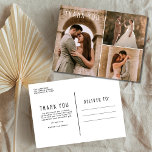 Moderne bruiloft foto collage Hartelijk dank Briefkaart<br><div class="desc">Mooie bruiloft bedankt je kaart met drie van je favoriete foto's op de bruiloft. Pas de voorkant met uw foto aan (gebruikend een donkere foto op de linkerkant zal de witte tekstpop helpen). Voeg je gegevens toe aan de achterkant van de kaart. U kunt één kaart tegelijkertijd opdracht geven als...</div>