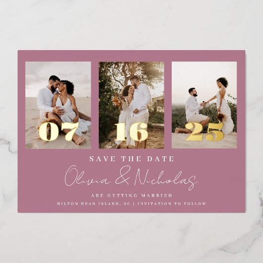 Moderne bruiloft foto-inkuiling slaat de datum op folie uitnodiging (Voorkant)