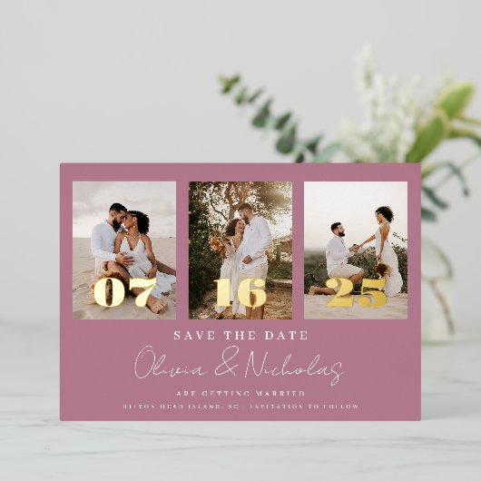 Moderne bruiloft foto-inkuiling slaat de datum op folie uitnodiging (Staand Voorkant)