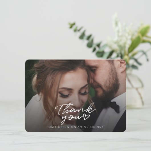 Moderne bruiloft foto met handschrift Bedankt (Staand voorkant)