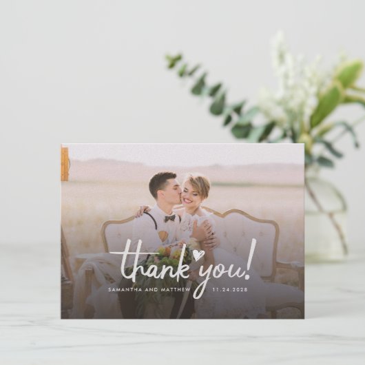 Moderne bruiloft foto met handschrift met dank (Staand voorkant)