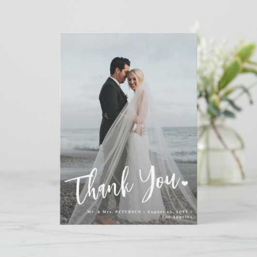 Moderne bruiloft foto overlay 2 foto eenvoudig bedankkaart (Staand voorkant)