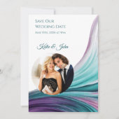 Moderne bruiloft -Foto-Paarse en Blauwgroen- Save The Date (Voorkant)