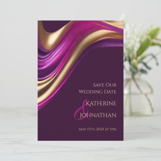 Moderne bruiloft -Foto-Paarse Fuchsia en Gold- Save The Date (Staand voorkant)