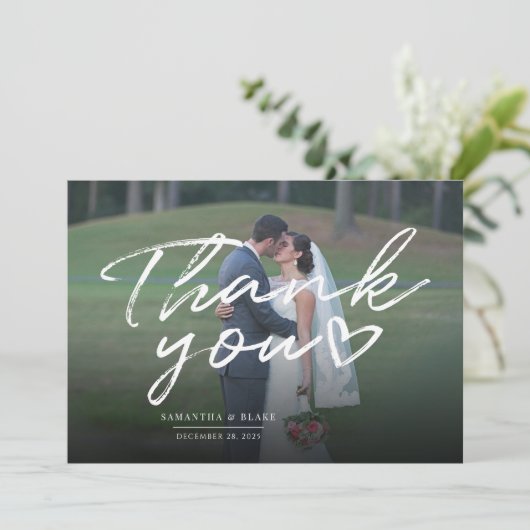 Moderne bruiloft fotoscript bedankkaart (Staand voorkant)