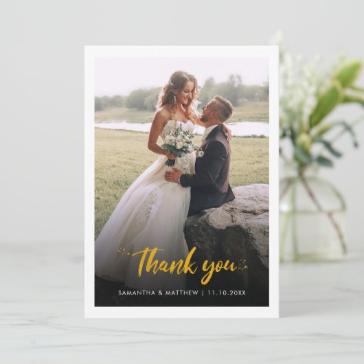 Moderne bruiloft fotoscript bedankkaart (Staand voorkant)