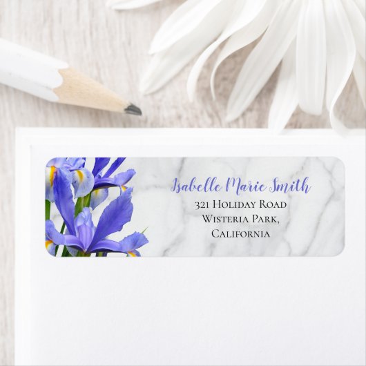 Moderne bruiloft Grijs Marmer Blauw Irissen Bloeme Etiket (Insitu)