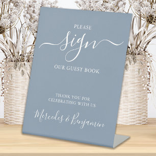 Moderne bruiloft Guest Book Dusty Blue Reclamebord Met Voetstuk