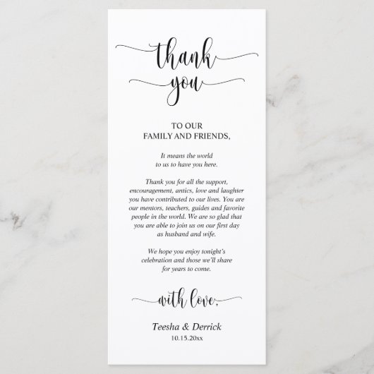 Moderne bruiloft, instelbare plaats bedankt prog programmakaart (Voorkant)