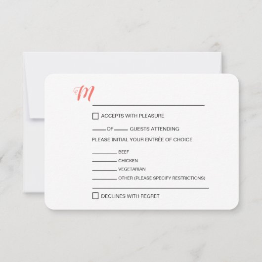 Moderne bruiloft koraal RSVP Menu Selectie Opties (Achterkant)