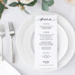 Moderne bruiloft Menu Fun Casual handschrift<br><div class="desc">Druk uw gasten met dit moderne, minimalistische, handgeschreven trouwmenu. Met zijn slanke design en handig handschrift stijlscript is dit menu de perfecte toevoeging aan uw trouwreceptiedecor. Dit trouwmenu is voorzien van uw gekozen menu-items en is een uitstekende manier om uw gasten op de hoogte te houden van en enthousiast te...</div>