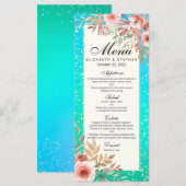 Moderne bruiloft Menu Roze Floral Blauwgroen Gold  (Voorkant / Achterkant)