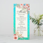Moderne bruiloft Menu Roze Floral Blauwgroen Gold  (Staand voorkant)