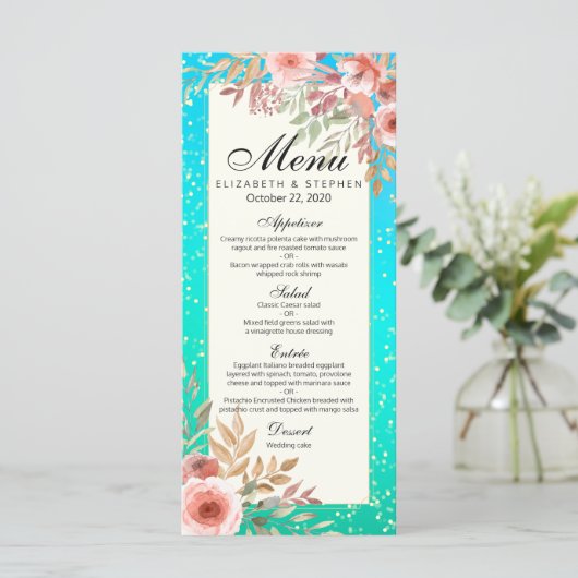 Moderne bruiloft Menu Roze Floral Blauwgroen Gold  (Staand voorkant)