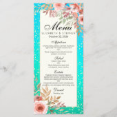 Moderne bruiloft Menu Roze Floral Blauwgroen Gold  (Voorkant)