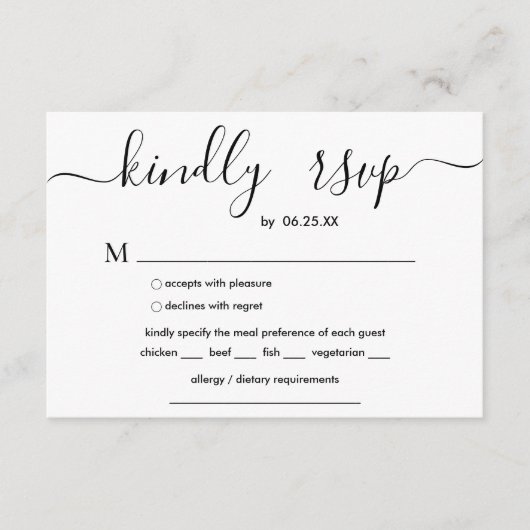 Moderne bruiloft met elegant script en maaltijdkeu informatiekaartje (Voorkant)