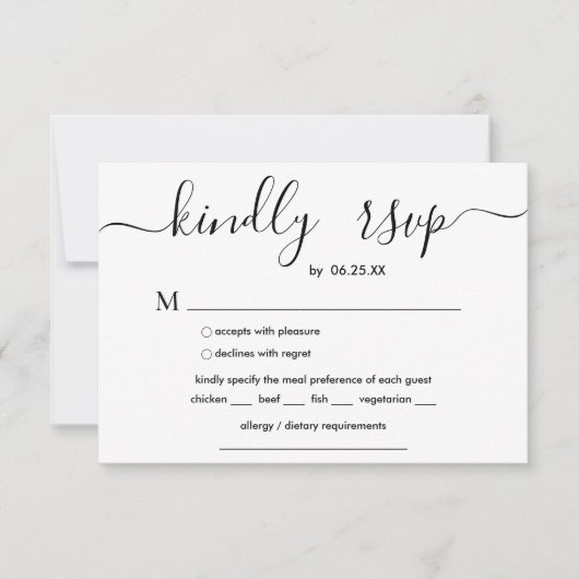 Moderne bruiloft met elegant script en maaltijdkeu RSVP kaartje (Voorkant)
