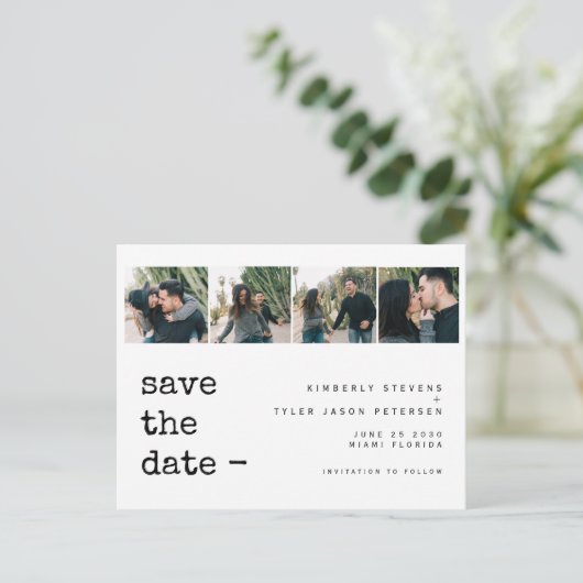 Moderne bruiloft met fotocollage, behalve de datum aankondigingskaart (Staand voorkant)