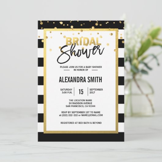 Moderne bruiloft met gouden zwarte witte strepen kaart (Staand voorkant)