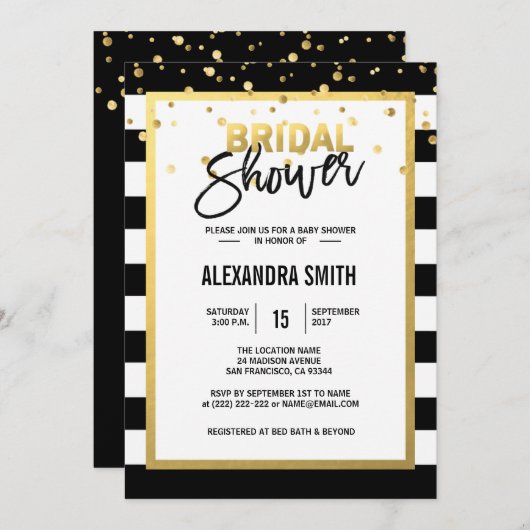 Moderne bruiloft met gouden zwarte witte strepen kaart (Voorkant / Achterkant)