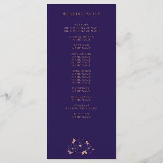 Moderne bruiloft met koperen en blauwe florale ten programmakaart (Achterkant)