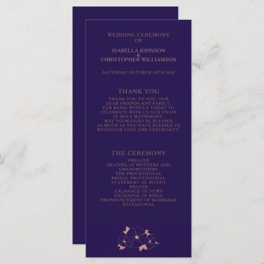 Moderne bruiloft met koperen en blauwe florale ten programmakaart (Voorkant / Achterkant)