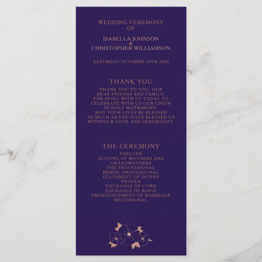 Moderne bruiloft met koperen en blauwe florale ten programmakaart (Voorkant)