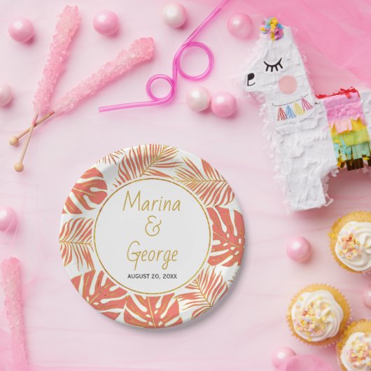 Moderne bruiloft met koraal- en goudtropische blad papieren bordje (Feest)