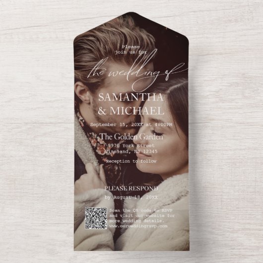 Moderne bruiloft met QR-code RSVP-foto All In One Uitnodiging (Binnen)