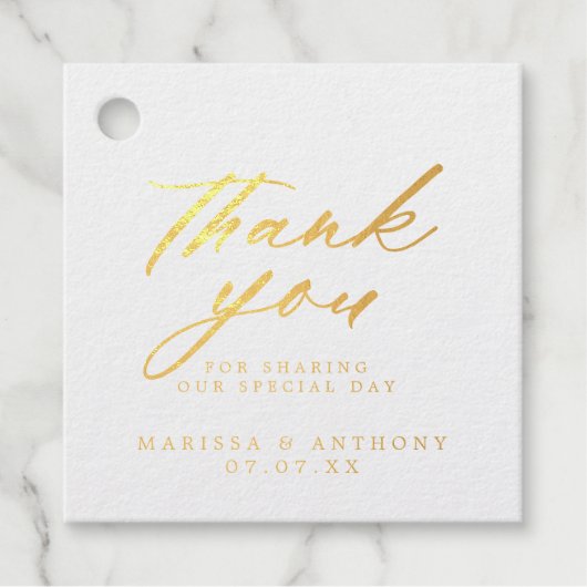 Moderne bruiloft met script Dank u Folie Favor Tag (Voorkant)