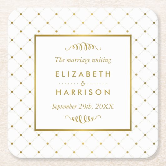 Moderne bruiloft met wit en goudvet kartonnen onderzetters (Voorkant)