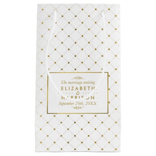 Moderne bruiloft met wit en goudvet klein cadeauzakje (Voorkant)