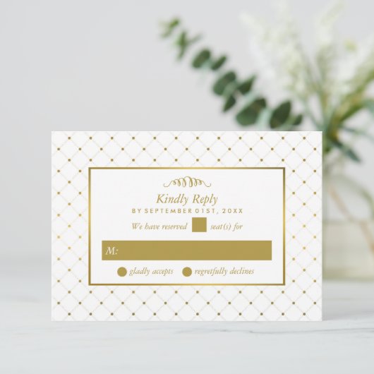 Moderne bruiloft met wit en goudvet RSVP kaartje (Staand voorkant)