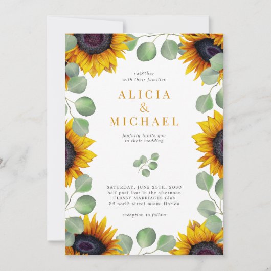 Moderne bruiloft met zonnebloem-eucalyptusbruin kaart (Voorkant)