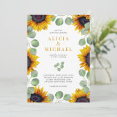 Moderne bruiloft met zonnebloem-eucalyptusbruin kaart (Staand voorkant)