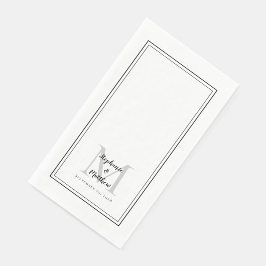 Moderne bruiloft monogram Namen & Datum zwart wit Servet (Hoek)