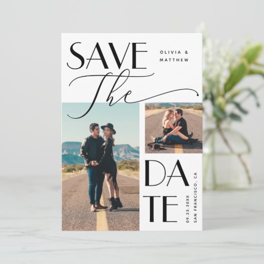 Moderne bruiloft | Multi Photo Bold-typografie Save The Date (Staand voorkant)