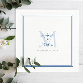 Moderne bruiloft Namen & Datum Monogram Blauw Wit Servet