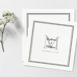 Moderne bruiloft Names & Date Monogram Black Grey Servet