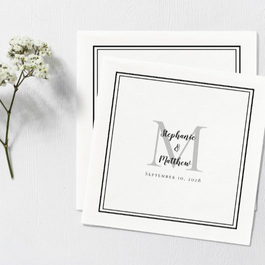 Moderne bruiloft Names & Date Monogram Black Grey Servet