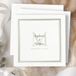 Moderne bruiloft Names & Date Monogram Olive Green Servet<br><div class="desc">Eenvoudig, minimalistisch en chic bruiloft-cocktailservet met vierkante haakjes is een modern design met een dubbele rand in bijtende olijfgroen tegen een scherpe witte achtergrond. Dit moderne, eenvoudige ontwerp biedt tijdloze, klassieke verfijning. Pas de namen aan die in klassiek blauw elegant manuscript worden voltooid dat op een modern initiaal in een...</div>